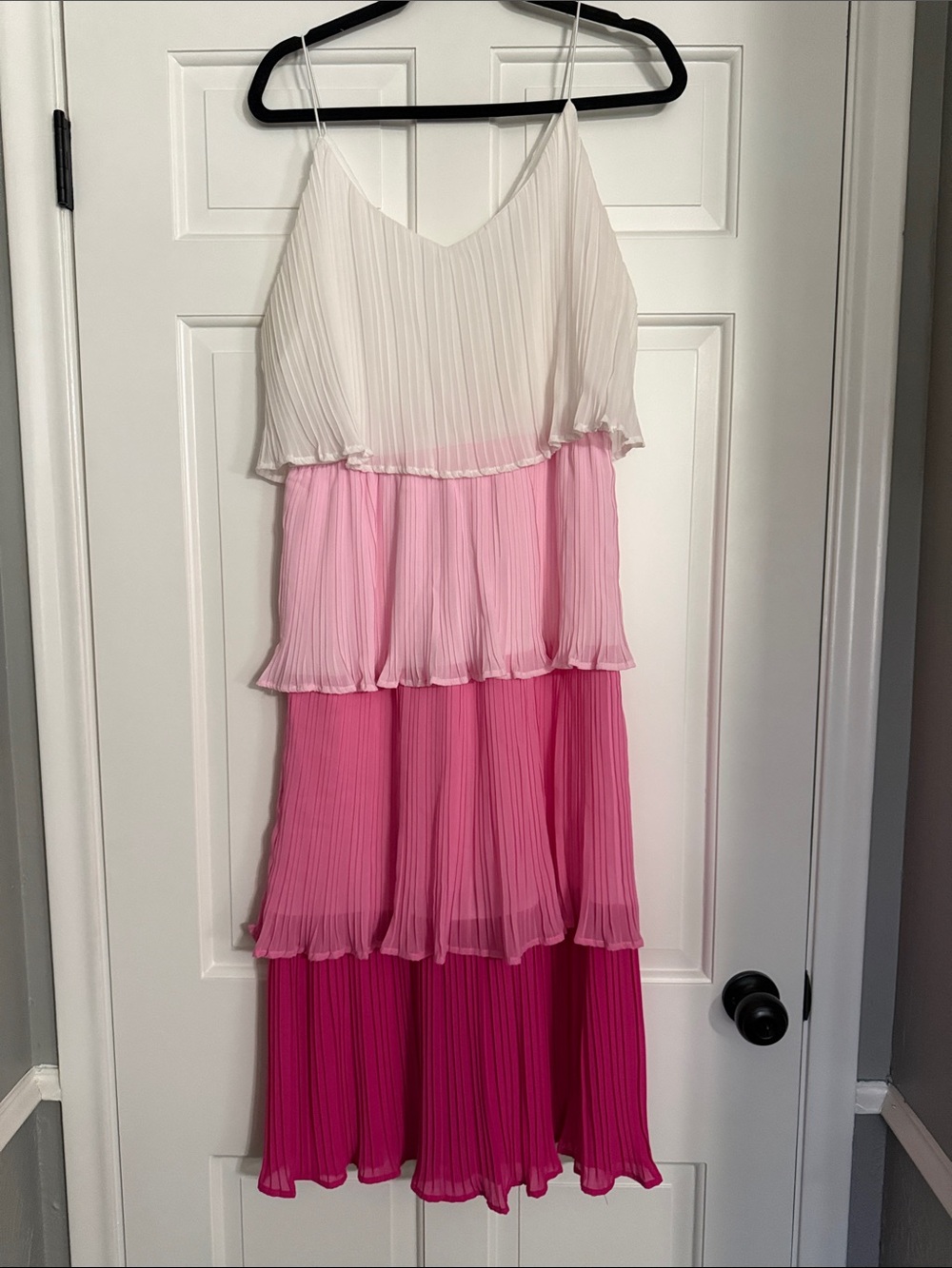 She + Sky Tiered Pleated Maxi Dress in White and Pink Ombre